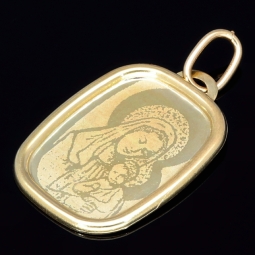 Fein, filigran gravierter Anhänger mit ikonischem Motiv Die Heilige Maria mit Jesuskind aus 585er 14 Karat Gelbgold