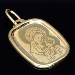 Fein, filigran gravierter Anhänger mit ikonischem Motiv Die Heilige Maria mit Jesuskind aus 585er 14 Karat Gelbgold