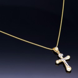 Schmuckset aus 585 / 14K Gold -  Jesus - Kreuz -Anhänger aus Bicolor Gold in 14K und passende 2-seitig diamantierte Panzerkette - Halskette (60cm)  in hochwertigem 14K / 585 Gold
