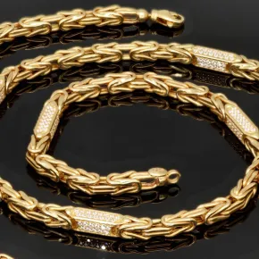 Bling-Bling-Königskette mit Zirkoniabesatz aus 585er Gelbgold (14k)- 61cm lang, 4,5 mm breit, 32g