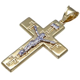 Großer, glänzender Jesus Christus Kreuz - Anhänger aus hochwertigem Gold aus 14k / 585 Bicolor Gelbgold und Weißgold