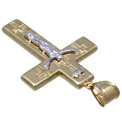 Großer, glänzender Jesus Christus Kreuz - Anhänger aus hochwertigem Gold 14k / 585 Bicolor Gelbgold und Weißgold