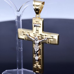 Großer, glänzender Jesus Christus Kreuz - Anhänger aus hochwertigem Gold 14k / 585 Bicolor Gelbgold und Weißgold