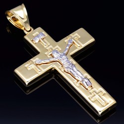 Großer, glänzender Jesus Christus Kreuz - Anhänger aus hochwertigem Gold aus 14k / 585 Bicolor Gelbgold und Weißgold
