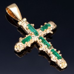 Kreuzanhänger mit 4 funkelnden, leuchtend grünen, Smaragdkristallen in einer besonderen Art der Krappenfassung fixiert. Modern und zugleich zeitlos. (750er 18K Gold)