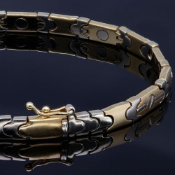 Massives Bicolor-Armband aus glänzendem 14K 585er Weiß- und Gelbgold in retrofuturistischem Design  (ca. 20cm Länge)