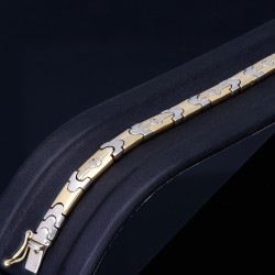 Massives Bicolor-Armband aus glänzendem 14K 585er Weiß- und Gelbgold in retrofuturistischem Design  (ca. 20cm Länge)