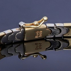 Massives Bicolor-Armband aus glänzendem 14K 585er Weiß- und Gelbgold in retrofuturistischem Design  (ca. 20cm Länge)