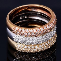 Massiver Ring für Damen aus edlem 585 14K Tricolor Gold besetzt mit funkelnden Zirkoniasteinen Ringgröße ca. 53-54