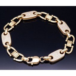 Massives Steigbügel - Plättchenarmband (Plattenarmband) aus hochwertigem 585 14K Gold mit vielen Zirkonia bestückt (ca. 23cm Länge,  in ca. 10 mm Megastärke, ca. 31,5g)