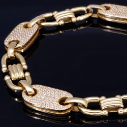 Massives Steigbügel - Plättchenarmband (Plattenarmband) aus hochwertigem 585 14K Gold mit vielen Zirkonia bestückt (ca. 23cm Länge,  in ca. 10 mm Megastärke, ca. 31,5g)