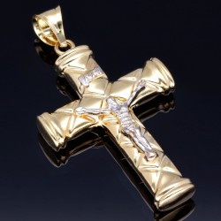 Großer, glänzender Jesus Christus Kreuz - Anhänger aus hochwertigem Gold aus 14k / 585 Bicolor Gelbgold und Weißgold