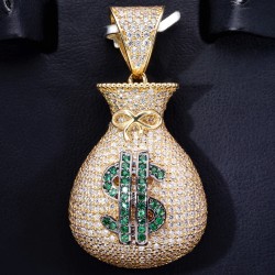 Iced Out Anhänger - Geldsack mit Dollarzeichen aus edlem, glänzenden 14K/585 Gold mit vielen funkelnden Zirkonia besetzt