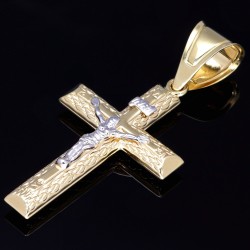 Jesus Christus Kreuz-Anhänger mit filigranem Muster aus edlem 14k / 585 Bicolor Gold (Gelbgold und Weißgold)