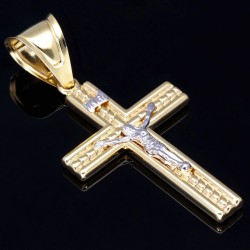 Glänzender Jesus Christus Kreuz-Anhänger, filigran produziert, aus hochwertigem Gold aus 14k / 585 Bicolor Gelbgold und Weißgold