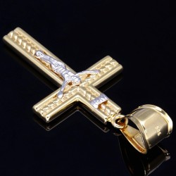 Glänzender Jesus Christus Kreuz-Anhänger, filigran produziert, aus hochwertigem Gold aus 14k / 585 Bicolor Gelbgold und Weißgold