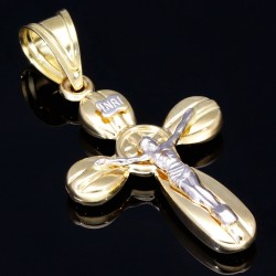 Filigran, detailliert verzierter Jesus Christus Kreuzanhänger aus Gold 14k (585er) Gelbgold und Weißgold (Bicolor)