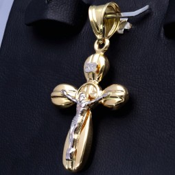 Filigran, detailliert verzierter Jesus Christus Kreuzanhänger aus Gold 14k (585er) Gelbgold und Weißgold (Bicolor)