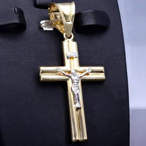 Edler Jesus Christus Kreuz-Anhänger aus funkelndem Gold (14k / 585 Bicolor Gelbgold und Weißgold)