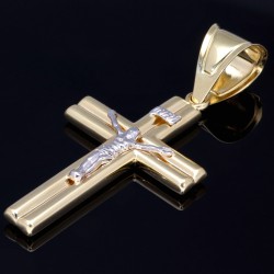 Edler Jesus Christus Kreuz-Anhänger aus funkelndem Gold (14k / 585 Bicolor Gelbgold und Weißgold)