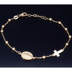 Edles Rosenkranz Armband mit kleinem Amulett und Kreuzanhänger in hochwertigem 14K / 585 Gelbgold in ca. 20cm