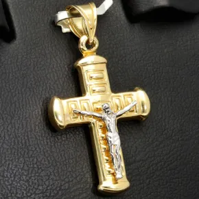 Filigraner Jesus Christus Kruzifix Kreuz-Anhänger in modernem Design aus 14k / 585 Bicolor Gelbgold und Weißgold