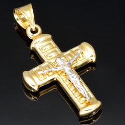 Filigraner Jesus Christus Kruzifix Kreuz-Anhänger in modernem Design aus 14k / 585 Bicolor Gelbgold und Weißgold