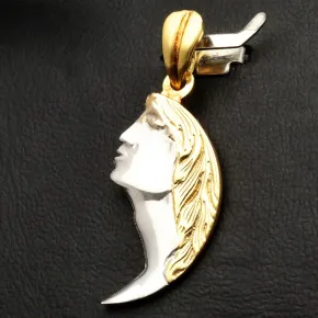 Außergewöhnlicher Bicolor Gold-Anhänger mit dem Motiv eines Gesichts in Form eines Halbmondes (585er Weißgold und Gelbgold 14k)