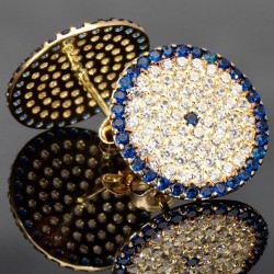 Massive Kreis-Plättchen / Platten Gold-Ohrstecker mit leuchtenden, dunkelblauen und weißen Zirkonia besetzt in 585 14K Gelbgold