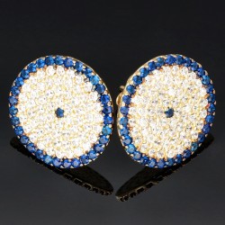 Massive Kreis-Plättchen / Platten Gold-Ohrstecker mit leuchtenden, dunkelblauen und weißen Zirkonia besetzt in 585 14K Gelbgold