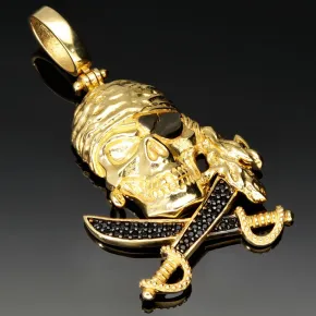 Gold-Anhänger mit Motiv: "Pirat / Totenkopf mit Augenklappe mit gekreuzten Säbeln" in 585er 14K Gelbgold mit schwarzem Zirkoniabesatz