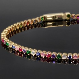Farbenfrohes Tennisarmband mit verschiedenfarbigen Zirkoniasteinen aus hochwertigem 585 14K Gold in (ca. 18 cm Länge)
