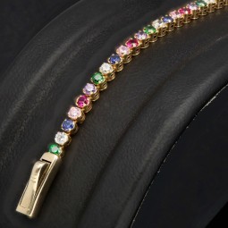 Farbenfrohes Tennisarmband mit verschiedenfarbigen Zirkoniasteinen aus hochwertigem 585 14K Gold in (ca. 18 cm Länge)