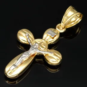 Kruzifix-Kreuz Anhänger - Jesus Christus aus glanzvollem Gold 14k (585) Gelbgold und Weißgold