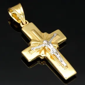 Jesus Christus Kreuzanhänger aus funkelndem Bicolor Gold - (Gelbgold und Weißgold)