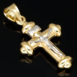 Glänzender Jesus Christus Kreuzanhänger aus 14k / 585er Bicolor Gold (Gelbgold und Weißgold)