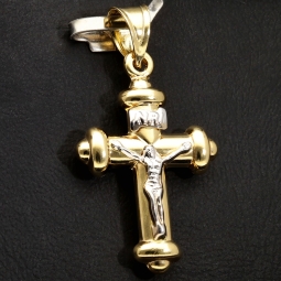 Glänzender Jesus Christus Kreuzanhänger aus 14k / 585er Bicolor Gold (Gelbgold und Weißgold)