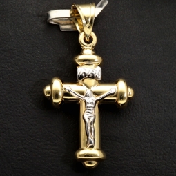 Glänzender Jesus Christus Kreuzanhänger aus 14k / 585er Bicolor Gold (Gelbgold und Weißgold)