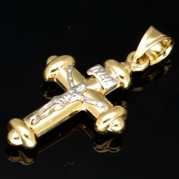 Glänzender Jesus Christus Kreuzanhänger aus 14k / 585er Bicolor Gold (Gelbgold und Weißgold)