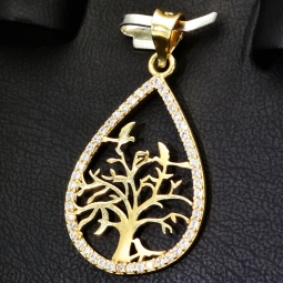 Glänzender Lebensbaum - Anhänger in edlem 585 14 Karat Gelbgold mit Zirkoniabesatz