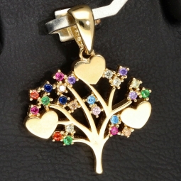 Lebensbaum-Anhänger mit Herzen und Zirkoniasteinen in 585 14 Karat Gold (Gelbgold)