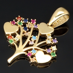 Lebensbaum-Anhänger mit Herzen und Zirkoniasteinen in 585 14 Karat Gold (Gelbgold)