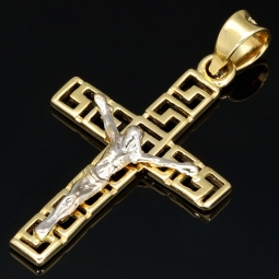 Jesus Christus Kreuz-Anhänger mit Greco Design aus glanzvollem 14k / 585 Bicolor Gold (Gelbgold und Weißgold)