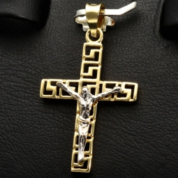 Jesus Christus Kreuz-Anhänger mit Greco Design aus glanzvollem 14k / 585 Bicolor Gold (Gelbgold und Weißgold)