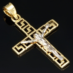 Jesus Christus Kreuz-Anhänger mit Greco Design aus glanzvollem 14k / 585 Bicolor Gold (Gelbgold und Weißgold)