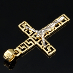 Jesus Christus Kreuz-Anhänger mit Greco Design aus glanzvollem 14k / 585 Bicolor Gold (Gelbgold und Weißgold)