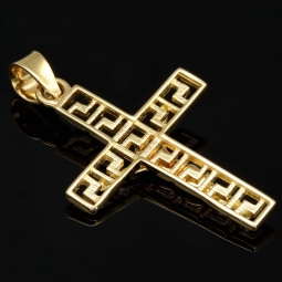 Jesus Christus Kreuz-Anhänger mit Greco Design aus glanzvollem 14k / 585 Bicolor Gold (Gelbgold und Weißgold)
