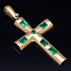 Handarbeit: Kreuzanhänger mit 6 dunkelgrün leuchtenden kolumbianischen Smaragden aus 750er 18k Gold
