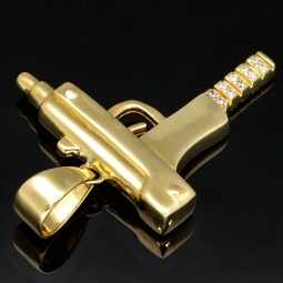 Gold- Anhänger Uzi / Maschinenpistole aus hochwertigem 585 / 14K Gold mit Zirkonia