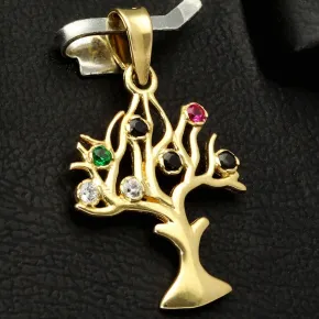 Baum des Lebens - Anhänger mit bunten Zirkoniasteinen aus Gold (14K 585 Gelbgold)